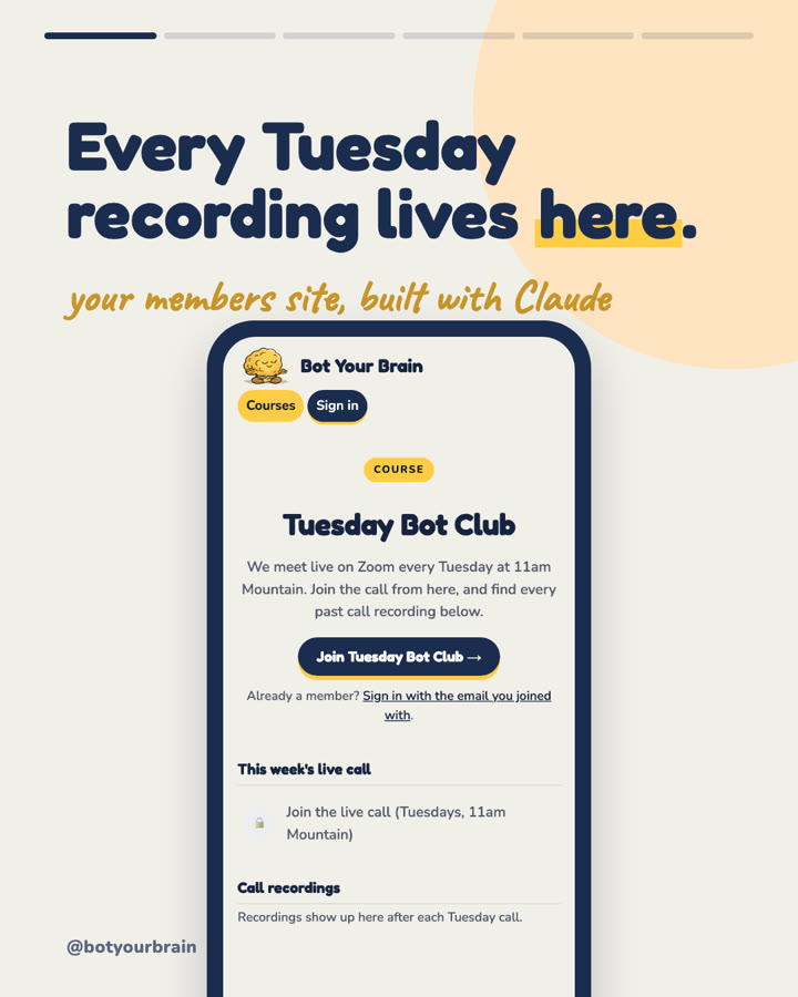 Every Tuesday recording lives here: a phone showing the Tuesday Bot Club members page