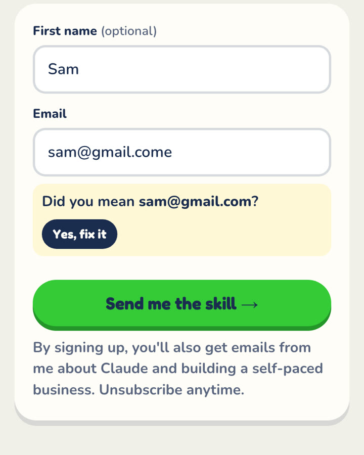 My sign-up page asking: Did you mean sam@gmail.com?